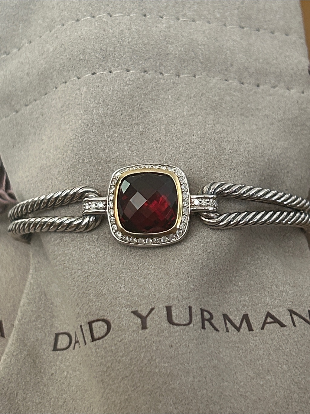 David Yurman Silver Cable Bracelet With Deep Garnet Center And Diamond Halo